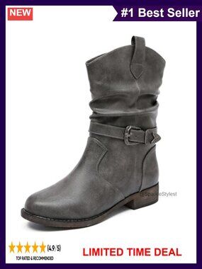 Women's Mid-Calf Cowboy Boots Faux Leather Round Toe Zip Western